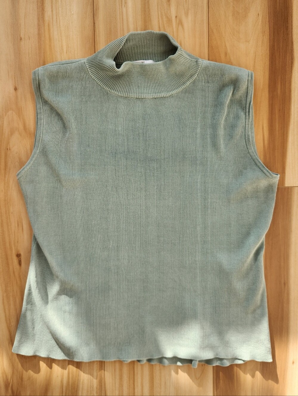 100% Silk Sleeveless Mock Neck Ribbed Knit Top - Sage Green
